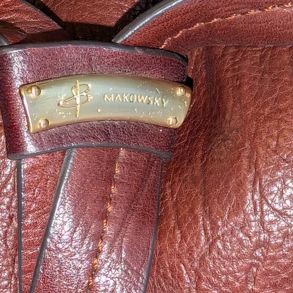 B. Makowsky Brandy Brown Leather Croco Embossed Drawstring Shoulder Bag - $298 - Picture 5 of 12